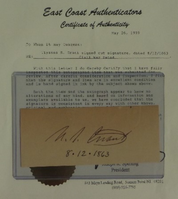 This 1863 dated page is about 2x6 in size, comes black ink signed by the Civil War General boldly, and grades a nice 8 or better overall. It comes with a full letter from East Coast Authenticators for assurance, and value is low thousands. 