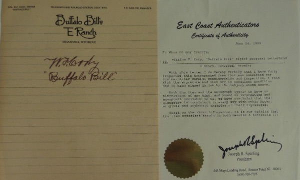 This super cool piece of Americana is a vintage full 8x10 letterhead, right from Bill Cody's Wyoming "Buffalo Bill's E-Ranch", and comes black ink signed by the great western hero. It is a vintage 10 all over, shows off EZ from 20+ feet away, and has a Joe Sperling signed East Coast Authenticators full 8x10 letter for assurance. 