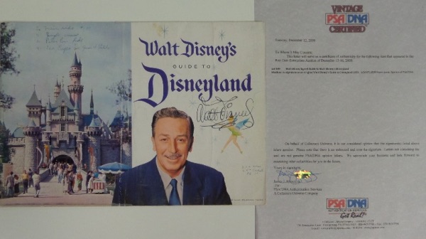 This vintage 1959 guide is large, intact, and was owned by a family as Walt signed it in black ink. It has some wear evident, but the PSA certified signature is a gem, grading an honest 7.5 or better, and value is about a grand we believe. It was sold in the Dec. 2000 Ron Oser Auction for a boat load. 