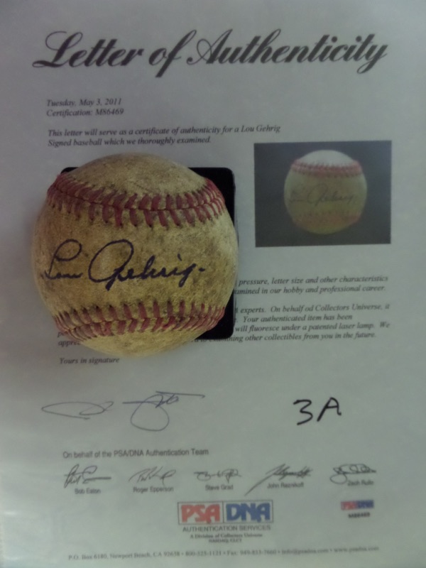 This vintage ball is circa 1930's, comes red-laced, full of usage...and....black ink, sweet spot signed by THE "Iron Horse". The ball may only be a 3, but that signature..oh boy...That's a classic gem, and an honest 9 all over. It has full paperwork from PSA/DNA for certainty, and value on this example might be 8 grand.. 