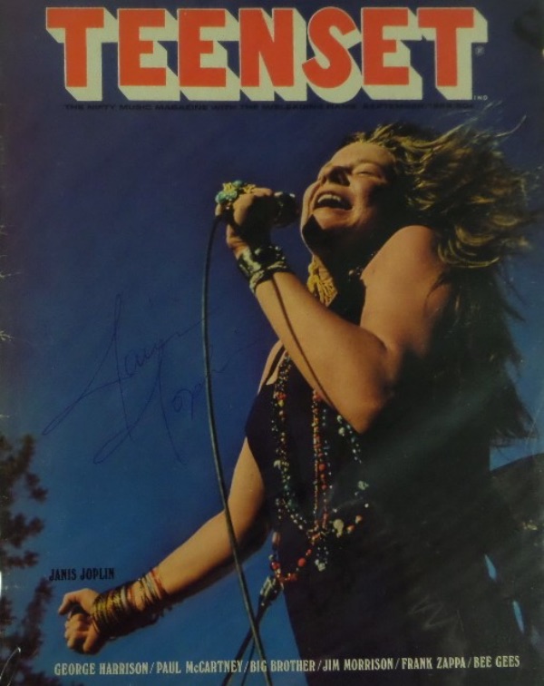 This vintage September 1968 full issue of Teenset magazine is in VG+/EX condition overall, and shows a color image of Janis Joplin singing at a concert on the front cover.  It is hand-signed in blue ink by the R&R HOF'er herself, grades an overall 7.5, and with her death now approaching 55 years ago, retail is low thousands on this rock music collector's GEM!!!