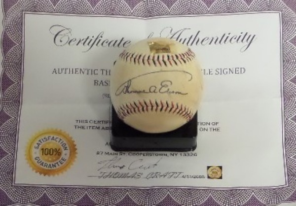 This vintage ball is cream colored, has red and black lacing evident, and comes black ink, sweet spot signed by the long gone inventor. The ball is not bad at all, the signature can be seen easily from 18 feet away, and value on the must have celebrity signed ball is thousands most likely. 