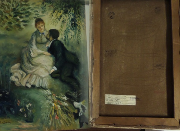 This work is larger than most, is canvas stretched onto wood, and measures near 15x24 in size. It is titled "The Lovers", shows a young couple in a meadow, and comes signed along the bottom by the long deceased Master. It is a gem, dated from 1875, and has lots of provenance on the back side. Terrific chance, and just look at the opening bid pricing. 