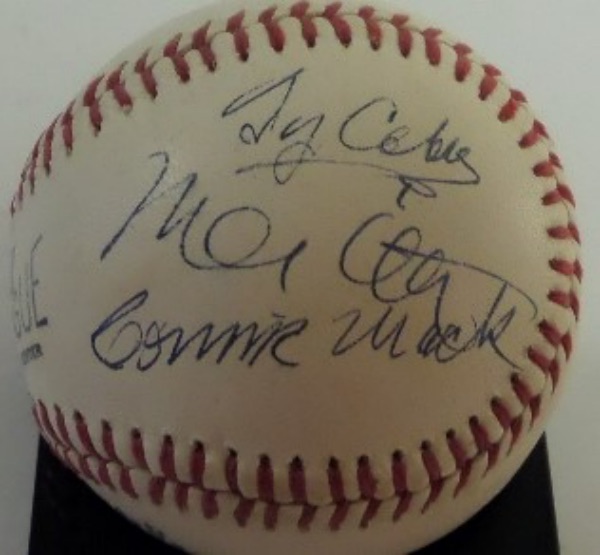 This vintage Worth Official League baseball is still in EX overall condition, and comes hand-signed in dark blue ink by three of the most recognizable figures in MLB history.  Signatures on this ball grade 7.5-8's, and are ALL on the same panel for optimal display value.  Included are all time batting champ, Ty Cobb, 500 HR legend, Mel Ott, and Managerial icon, Connie Mack, and with all three men deceased more than 60 years, retail is well into the thousands!