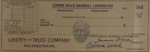 This Connie Mack Baseball Conference, Philadelphia Pennsylvania full check from the Liberty Trust Company is in NM condition, and is signed in blue at the bottom by both Connie Mack and Ty Cobb.  With both men now gone 60+ years, retail is well into the thousands!