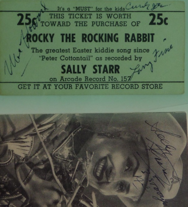 This original 25cent ticket for Rocky the Rocking Rabbit by Sally Starr is a redeemable ticket that features Sally Starr's B&W visage on the reverse!  It is hand-signed by Starr over her image, and is ALSO hand-signed on the other side, the ticket side, by all three Stooges, including Moe, Larry and Curly Joe!  An amazing piece, and one that will require a small, double sided frame for display!