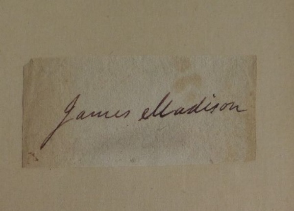 This 4.25x4.5 autograph album page is affixed with a very old document cut, hand-signed in black ink by 5th United States President and US Constitution framer, James Madison.  The signature, which appears brown, grades about a 7-7.5 overall, and this cut is absolutely STUNNING and perfect for matting and framing with the item(s) of your choice.  The man was President over 200 YEARS ago, so get in on our teeny tiny minimum bid!!!