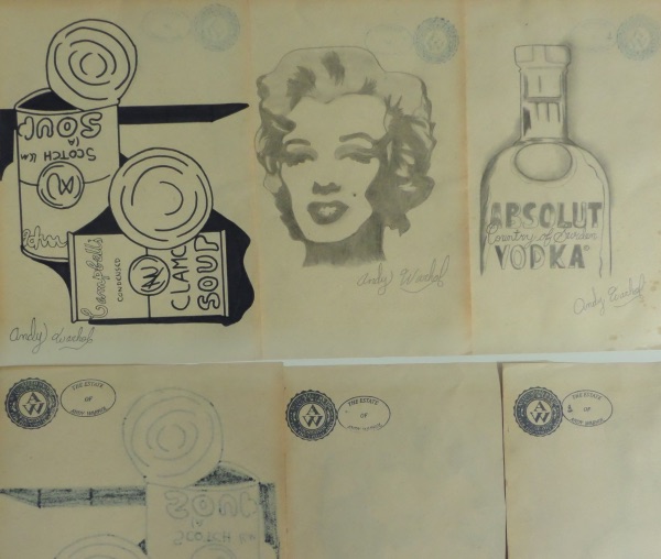 This lot is ideal for the Warhol fan/collector. It holds 3 pencil/ink done originals and all 3 come signed perfectly by this deceased legend. Included are images of MARILYN MONROE, CAMPBELL'S SOUP CANS, & ABSOLUT VODKA!  All 3 have the Warhol Estate stamps/markings on the back. All also perfect for framing! Wow. 