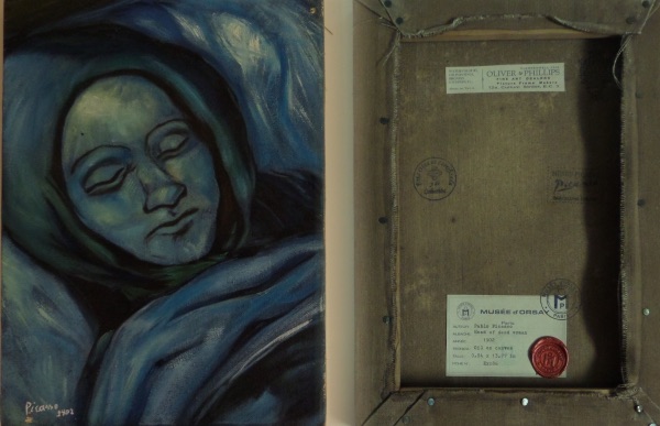 This piece measures 10"x14" after framing in wood.  It is an original oil on canvas and done in all shades of blues mainly!  Last name signed at the bottom left and typical imagery of a woman and is titled "Head of Dead Woman" from this long-deceased master.  The reverse contains numerous Gallery stamps and markings(including his own!) and retails well into the 6 figures. dated from 1902 and RARE!