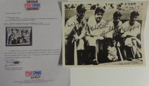 This sepia toned 1920's B&W 8x10 is in great shape, shows and comes hand signed by Babe Ruth, Lou Gehrig, Charlie Gehringer and Hank Greenberg. All 4 are posing on the dugout steps, and grade is clean bold 9 all over. Value with the PSA certainty added is upper thousands, but we always sell here at the "Corner" with NO reserve! 