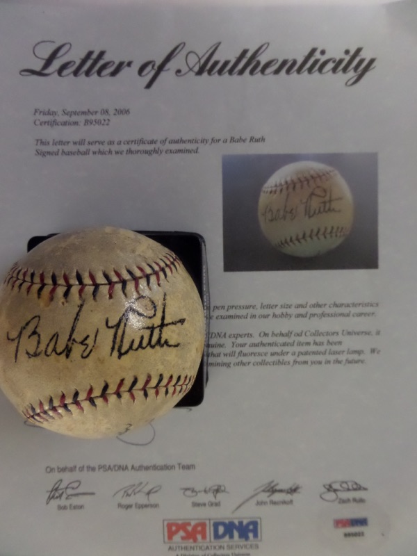 This vintage ball has red and black lacing, is an official Spalding ball from the National League, and comes black ink, sweet spot signed by the "Sultan of Swat". It has a very light coat of shellack on it, shows some handling as well, but overall, this cream colored ball is a beauty, has the full PSA/DNA 8x10 LOA with it and is valued at $15,000 we estimate. Easy buy and hold Cooperstown investment, and just look at the opening bid pricing. 