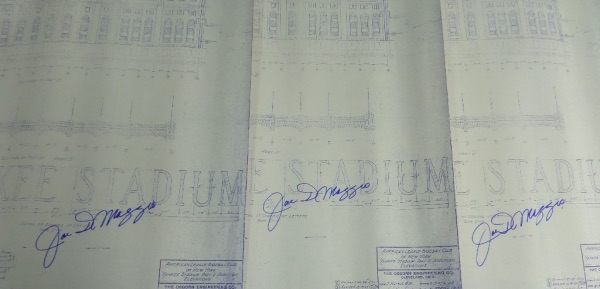 These superb repros looks real, are the regulation 2x3 FEET in size, and show the original 1920's construction of the old Bronx Stadium. They are well done, right from the original engineers and architects, and come blue sharpie signed by Joe DiMaggio...Grade is a clean bold 10 all over, and show off is easy from 40 feet away! They sold out at $695 EACH years ago,,what are they worth now? 