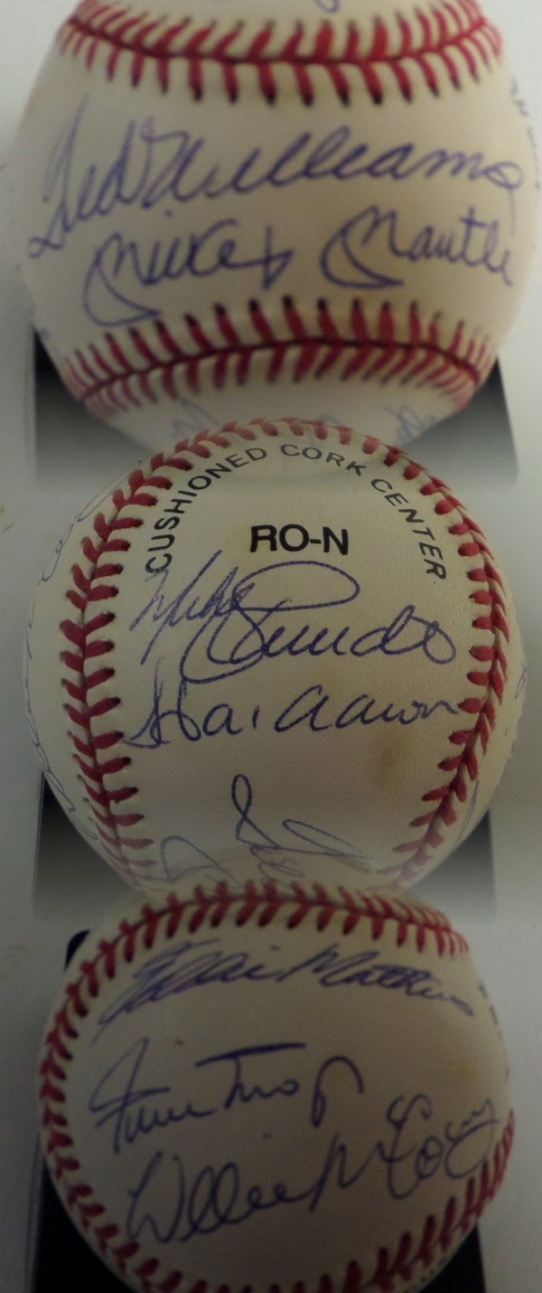 This Atlantic City 1989 show obtained ball is official from the NL, has all 11 original HOF sluggers appearing, and features both Ted Williams and Mickey Mantle across the sweet spot.  Of course Mays, Aaron, Reggie and the rest are here, and an honest overall grade would be a 9. 