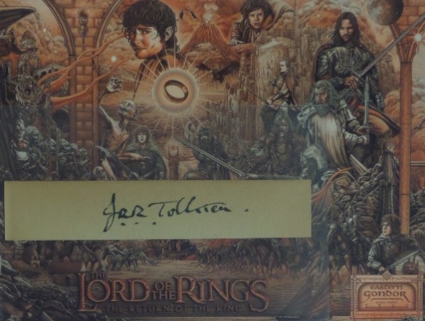 This vintage cut of light brown paper measures a long 1x5.5, and comes hand-signed in black fountain pen ink by legendary writer and creator of the "Lord of the Rings" novels, J.R.R. Tolkien.  The signature grades a legible 7.5 to 8, and the cut comes with a color "Lord of the Rings" 6x8 print for framing and display.  I've been here 17 years, and, in that time, this is only the THIRD Tolkien autographed piece we've had in that time, so if you're looking for it, look now further!!!