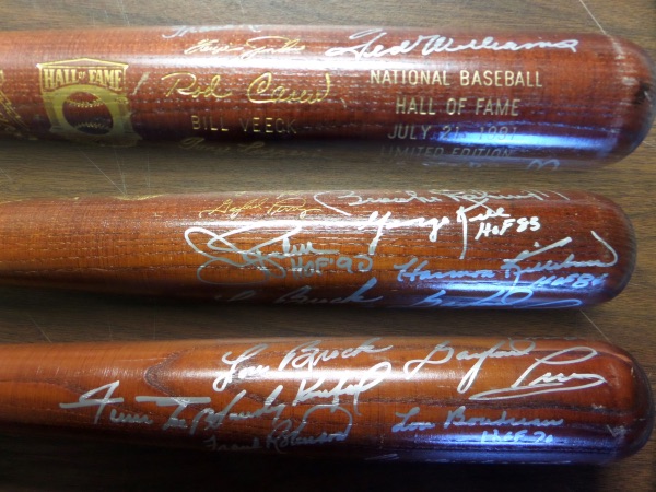 This limited edition brown Louisville Slugger bat is in EX/MT condition, with HOF logo, info and repro signatures done in gold on the barrel.  It is numbered 344/1000, and comes silver sharpie-signed on the barrel by 11 all time greats, 8 of whom are no longer with us!  Included are Ted Williams, Frank Robinson, Lou Boudreau, Sandy Koufax, Willie Mays, Gaylord Perry, Lou Brock, Jim Palmer, Harmon Killebrew, George Kell and Brooks Robinson.  That's some serious MLB firepower there, and retail is WELL into the thousands!