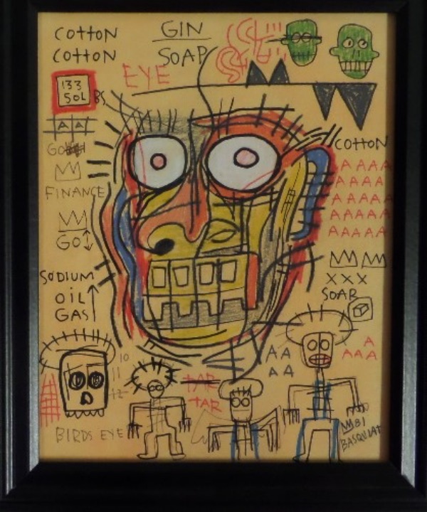 This family certified original has 4 remaining Gallery stamps on the back side, comes wood framed, and measures near 9x12 in size. It shows his usual "Samo" face on the front, has blue, black and orange colors in it, and comes hand signed with his Kings Crown marquee as well. Solid buy and hold art world investment, and value is many times our asking price. 