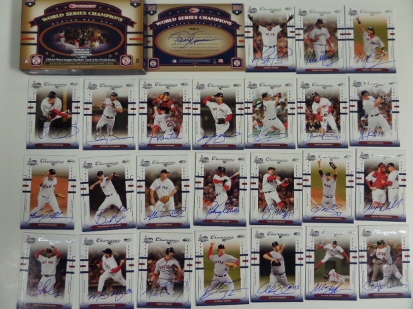 This amazing first time at CCSA opportunity commemorates the impossible run by the incomparable '04 Red Sox.  This is a full World Series Champion '04 Red Sox team card set from Donruss, and each and every card herein is autographed!  Included are an oversized card signed by Terry Francona, and standard sized cards, signed, respectively, by Papi, Pedro, Manny, Schil, Damon, Varitek, Wake, Youk, Roberts, Kapler, Foulke, Arroyo, Timlin, Reese, Cabrera, Mueller, Mienkiewicz, Mirabelli, Leskanic, Myers, Nixon, Lowe, Embree and Bellhorn.  That's everybody, folks, and this MUST HAVE Sox memorabilia lot is valued well into the thousands!