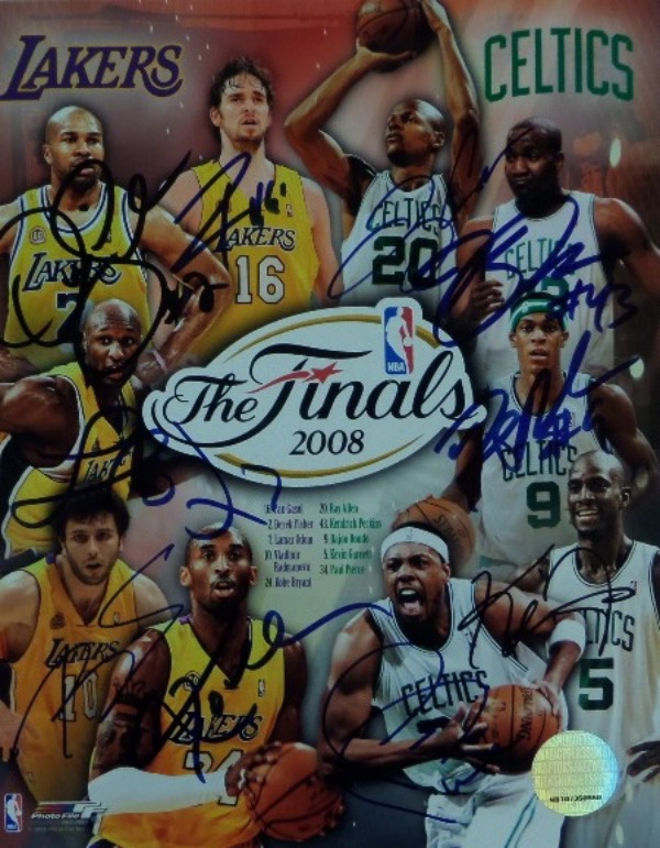 This 2008 NBA Finals color 8x10 photo collage print shows the starting lineups for both the Celtics and the Lakers, and comes ahnd-signed in blue and black sharpie by all ten players shown!  Half of these guys are HOF'ers now, including Kobe (dec), Pierce, Allen, Gasol, and Garnett, as well as Odom, Fisher, Radmanovic, Rondo and Perk!  AWESOME piece, and just look at those signatures!!!