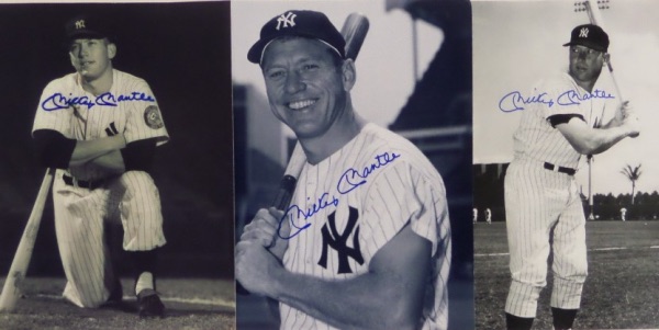 This AWESOME Mantle lot is THREE different 8x10 photos, all in black and white, and each is personally-penned in blue sharpie by the HOF Yankees great himself.  Signatures are all clean 8's or better, and each photo is individually certified by none other than The Score Board for your certainty!  Retail is VERY high hundreds!