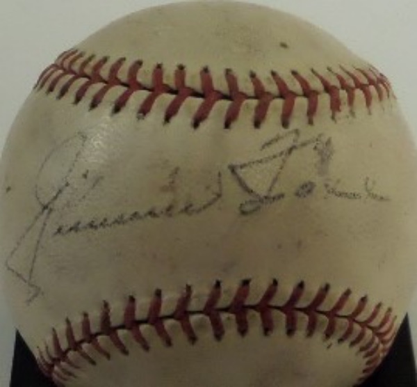 This vintage red-laced "Official 97 League" Goldsmith ball is in VG shape overall and comes sweet spot signed in black ink by this legendary hall of famer!!  The black ink signature is still legible, just faded a bit to grade a 6 overall!  Comes with COA's from Frank Garo at William Tell Research from 2002 for authenticity purposes. Book value is SUPER-HIGH! 