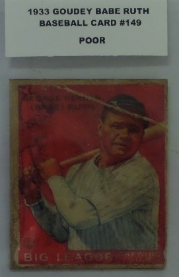 This 1933 Goudey Babe Ruth Baseball Card #149 is in POOR condition, with creases,surface wear, and some staining.  The card is great for the vintage Ruth collector who doesn't mind the lower grade, and still a valuable card in this condition, and a hard card to find.