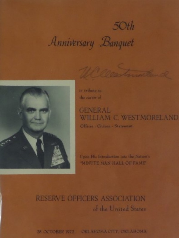 This one of a kind collector's item is an original Reserve Officers Assoc. of the United States 50th Anniversary Banquet program, honoring General Westmoreland is still in EX/MT shape, with a black and white image of the commander of US forces in Vietnam himself!  The pencil signature is a nice one, grading about an 8, and with the famed General's death now just shy of 20 years ago, retail is well into the hundreds!