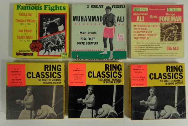 This amazing and super hard-to-find lot is SIX different vintage 8mm boxing films, all still in their original boxes.  Each box contains an 8mm film of a classic Ali fight, and included are 1970 Ali vs. Quarry, 1966 Ali vs. Cooper II, 1965 Ali vs. Patterson--the "what's my name?" fight--the famed "Rumble in the Jungle" 1974 Ali vs. Foreman fight, one with both the Zora Foley and Oscar Bonavena fights, and one with both the 1966 Cleveland Williams fight, as well as the classic 1909 contest between Jack Johnson and Stanley Ketchel.  There are some seriously legendary bouts in this lot, and on the vintage 8mm reels, an in original boxes?  PRICELESS!!!!!