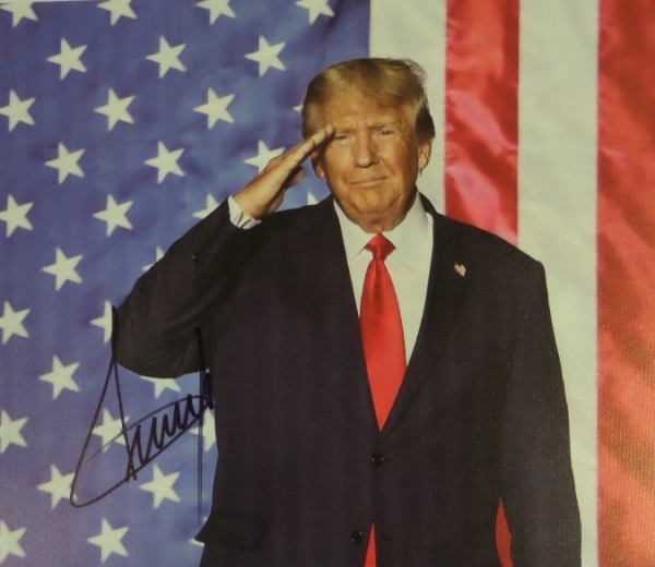 This 19x23 real canvas features a full color image of US President, Donald Trump saluting the flag, with an American Flag backdrop to boot.  It is hand-signed in black sharpie by the man who was the United States Commander-In-Chief, and honestly could be again, and grades an overall 9.  Ideal for framing and display, and valued into the low thousands!