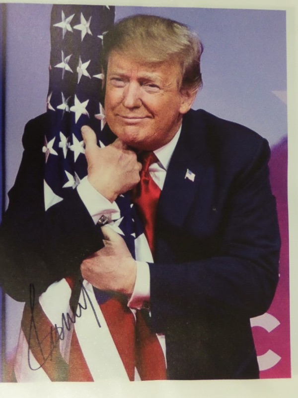 This 19x23 real canvas features a full color image of US President, Donald Trump embracing the American flag.  It is hand-signed in black sharpie by the man who was the United States Commander-In-Chief, and honestly could be again, and grades an overall 9.  Ideal for framing and display, and valued into the low thousands!