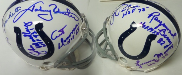 This AWESOME NFL collector's item is a NM Colts mini from Riddell that is hand-signed by no less than 7 all time greats who starred for the longtime franchise.  Included are Gino Marchetti, Johnny Unitas, John Mackey, Art Donovan, Raymond Berry, Lenny Moore, and Jim Parker, and, with only Berry still walking around, retail is low thousands!