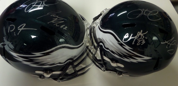 This full size Philadelphia Eagles replica football helmet from Riddell is still in NM condition, and comes hand-signed in silver by 5 members of the NFC Champion '22 Birds!  Included are Jalen Hurts, CJ Gardner Johnson, Jason Kelce, Devonta Smith and AJ Brown!  AWESOME Eagles item, valued into the very high hundreds!