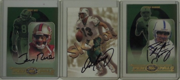 This high value lot is THREE hand signed football cards, all pack pulled by our consigner, and all front signed in bold black sharpie. All 3 grade clean bold 10's and names are Peyton Manning, Jerry Rice and Dan Marino. Do the math, then bid accordingly!