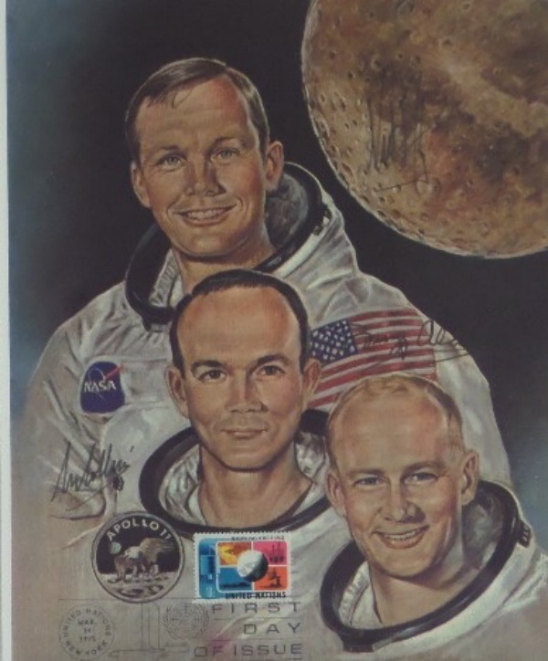 This color 8x10 print is from the "Moon Landing" in 1969, comes dated, stamped and cancelled, and shows all 3 astronauts from the Apollo 11 mission to the lunar surface. It comes black flair marker signed by Buzz, Neil and Michael, grades a light 4-5 on Armstrong and Aldrin, and value if perfect is mid-thousands. Wow!!