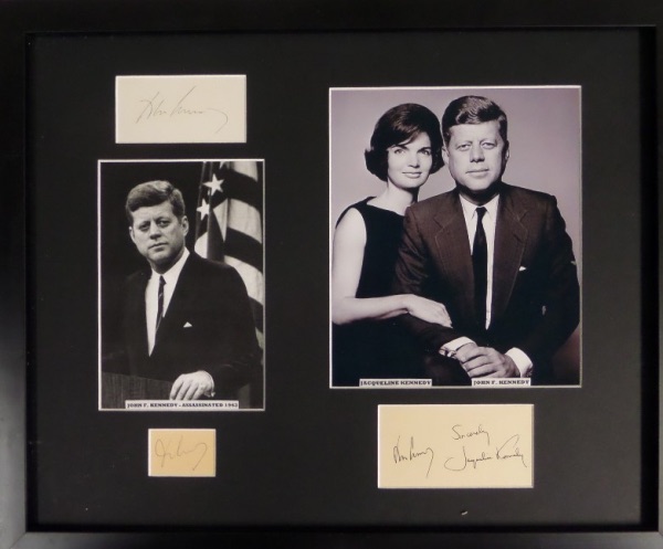 This custom, all professionally done display even has UV glass added, and measures near 16x20 in size. It holds a few family cutouts including TWO JFK signatures, one Jackie Kennedy signature, and 2 different images. Great look, high value, and sold here with NO reserve! 