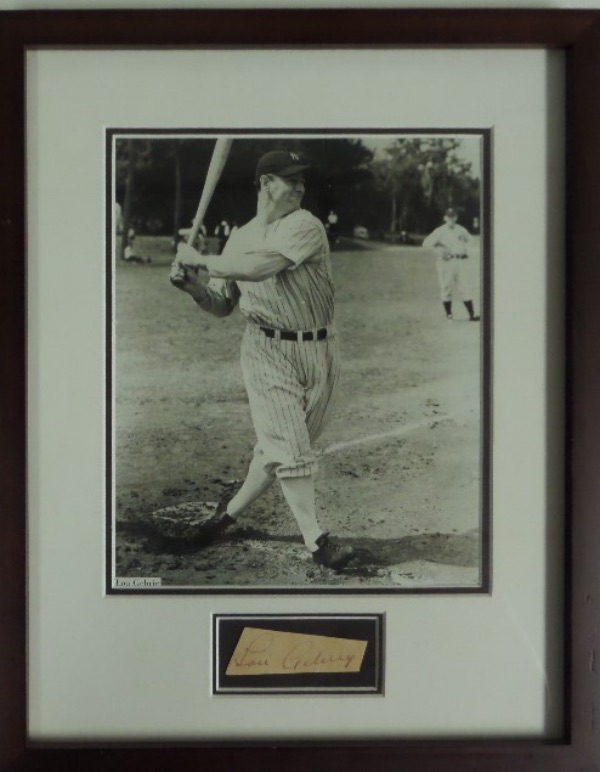 This Lee approved autograph is a gem in 1920's black ink. It comes custom double matted below a great 8x10 image of the "Iron Horse", and measures near 12x16 overall. It is professionally done with UV glass, signatures grades an honest 6 overall, and value is sky high on the long deceased HOF great.