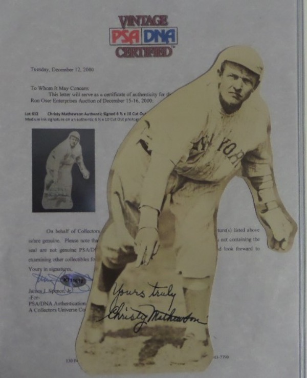 This old time sepia toned image was cut out of an 8x10, and simply shows the cutout of his body, posed in mid-pitch. It comes boldly ink signed, "Yours Truly" added in his late HOF hand as a bonus, and comes certified by Jimmy Spence, who worked for PSA at one time. Great chance, high value, and sold here with NO reserve! Originally sold in 2000 in a Ron Oser auction!