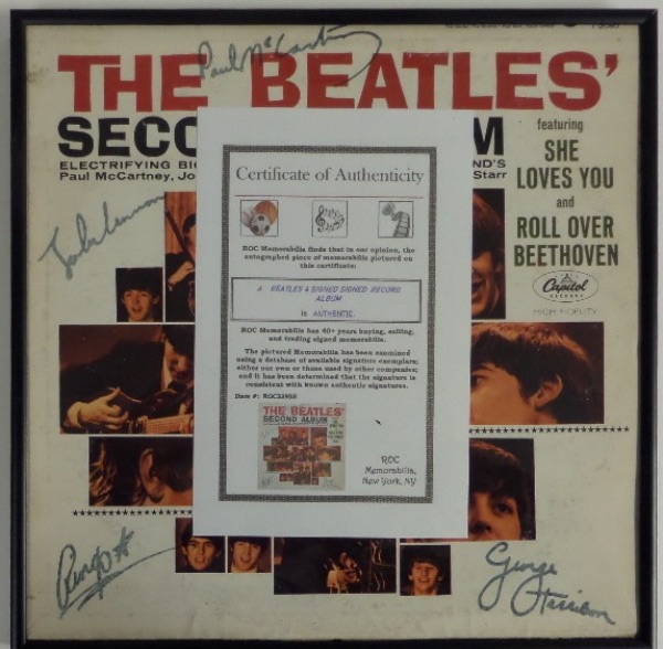 This vintage 60's LP is cover signed by all 4 in black flair, grades an honest 6.5 so on the four rock n' roll HOF signatures, and comes framed cheaply in black metal. Cool musical piece, values can go sky high on the "Fab Four", and as always, we sell with NO reserve!  