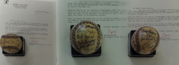 This cream colored ball is almost 100 years old and holds the entire teams signatures in black ink. Babe Ruth is alone on the sweet spot, while Lou Gehrig, Hoyt, Lazzeri, Combs and more are nearby on side panels. Overall, and honest 7 is in order here, and an important 1998 Barry Halper full LOA accompanies for certainty. 