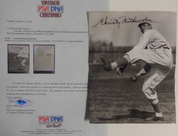 This vintage 100+ year old B&W image is nearly 8x10 in size, shows the long deceased HOF pitcher doing just that, and comes black ink signed across the top. Grade is a superb 9 on the signature, a lifetime vintage PSA/DNA 8x10 full LOA accompanies, and value is mid thousands on this Jimmy Spence signed LOA for PSA.