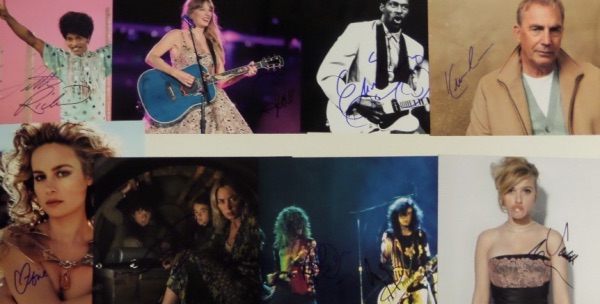 This wonderful array of photos totals FIFTY, and each has been penned by the celeb(s) shown.  Included are Robert Plant and Jimmy Page together, Little Richard, Emily Blunt, Brie Larsen, Chuck Berry, Scarlett Johansson, Taylor Swift, Kevin Costner, Pat Benatar, Johnny Depp, Marilyn Manson, Pam Anderson, Joni Mitchell, Neil Young, Jason Statham, and so many more.  Retail is thousands!