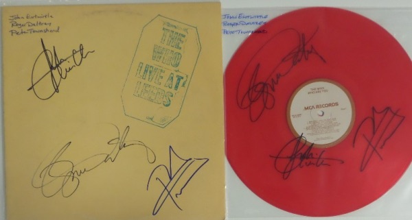 This unique two item collector's lot includes an original The Who "Live at Leeds" album cover, hand-signed in blue and black sharpie by Daltrey, Entwistle and Townshend, and also a "Who Are You" RED vinyl LP record, signed in black sharpie by the same three right on the vinyl.  They can combine for a beautiful framed display or sold separately to enhance your wallet, but either way, you'll probably never see this exact chance again!