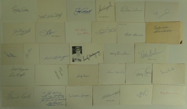 This one of a kind chance totals TWO HUNDRED index cards, each hand-signed by a different MLB performer or star from the 1920's straight through to the 1980's.  These were painstakingly acquired by our consignor over many years of correspondence and collecting, and included are names like Ethan Allen, Ted Abernathy, Joe Adcock, Gene Alley, Joe Amalfitano, Ruben Amaro, Mike Andrews, Luis Arroyo, Alan Ashby, Bob Aspomonte, Jim Bagby Jr, Stan Bahnsen, Red Barber, Steve Barber, Bill Bevens, Ewell Blackwell, Paul Blair, Steve Blass, Ron Blomberg, Harry Brecheen, Nelson Briles, Ernie Broglio, Bob Buhl, Smoky Burgess, Tommy Byrne, Johnny Callison, Doug Camilli, Bernie Carbo, Walker Cooper, Del Crandall, Roger Craig, Clay Dalrymple, Babe Dahlgren, Alvin Dark, Bucky Dent, Bing Devine, Moe Drabowsky, Ryne Duren, Dick Drago, Mike Epstein, Andy Etchebarron, and so many more.  Great for collections, or completing collections, and retail is several times our tiny minimum bid!