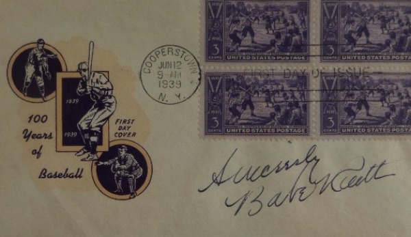 This 100 Years of Baseball First Day of Issue cachet is dated from the June 12, 1939 grand opening of the baseball Hall of Fame. . It is hand-signed in blue ink by the greatest of them all, Yankees legend Babe Ruth, and grades a very strong, legible 8 at least with the word Sincerely added.  With Ruth now gone now more than 75 years, retail on this baby is low thousands!