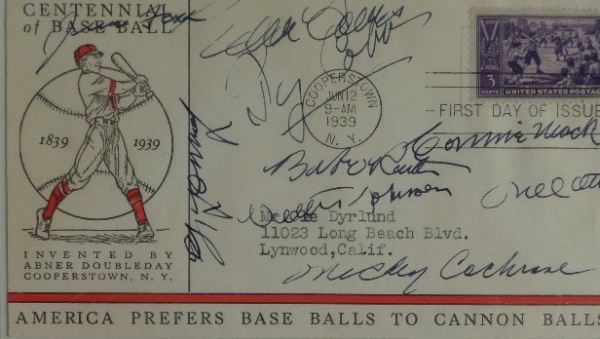 This June 12, 1939 stamped First Day of Issue cachet is hand-signed in dark blue ink by NINE of the greatest ever to play/coach!  Included are Babe Ruth, Cy Young, Ty Cobb, Eddie Collins, Jimmie Foxx, Mel Ott, Mickey Cochrane, Walter Johnson and Connie Mack.  With all of these legends on one piece, retail has got to be upwards of ten grand!