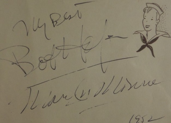 This roughly 4x5.5 autograph book page shows an image of a sailor and comes hand-signed in black ink by both Bob Hope and Marilyn Monroe.  It is thought that this was signed in Korea during one of their famed USO shows, and is dated from 1952.  A fabulous collector's item, valued into the low thousands!