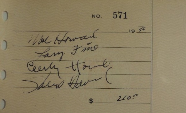 This light pink piece of paper is a cut from an original bank check, dated from 1936, and in EX+ overall condition, measuring about 2.5x4.  It is hand-signed in blue ink by all four stooges, Moe, Larry, Curly and Shemp, complete with last names, and will be perfect for matting and framing with the Stooges photo of your choice.  Valued into the mid/high hundreds!