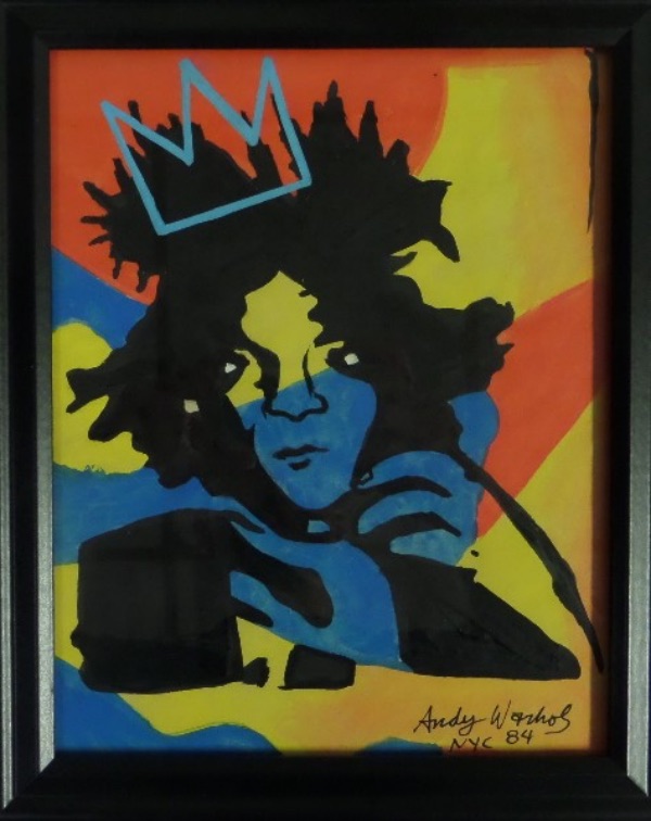 This already framed 10"x12" gem is a boldly colored painting of this legendary deceased artist, and comes hand signed and dated from 1984 by the late, great NYC pop artist. It has Jean wearing his Samo crown, sells for thousands everywhere, and shows off well from across our auction room. Looking for an investment? Look no further! Even has his museum markings on the reverse. Great piece from the master of his protege. 