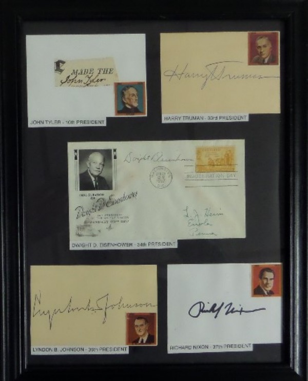 This one of a kind wall hanging comes framed in black wood, measures near 11x14 in size, and holds FIVE Presidential signatures. I see strong autographs from Nixon, Eisenhower, LBJ, Truman and our 10th President John Tyler. Terrific look and conversation piece, and value is 2 grand all day long. 