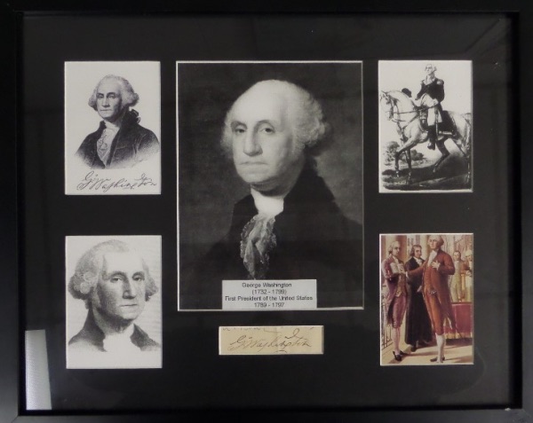 This custom matted and framed with UV glass display is about 16x20 in size, holds SIX custom cutouts from our very first US President, and shows off EZ from 18 feet away. Of course the hi-lite, and expensive piece of this is the bold black ink 300 year old signature matted below his large 1750 image. Great chance, NO reserve, and a gem from "Honest George".