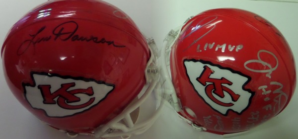 This red Chiefs mini throwback helmet from Riddell is black sharpie-signed on one side by HOF passer Len Dawson, and silver sharpie-signed on the other by BOTH Joe Montana and Patrick Mahomes.  Montana has added a slew of stats to his autograph, Mahomes a LIV MVP inscription, and the Dawson autograph is JSA certified (E68691).  All together, they make for a wonderful Chiefs item, and one valued into the very high hundreds!